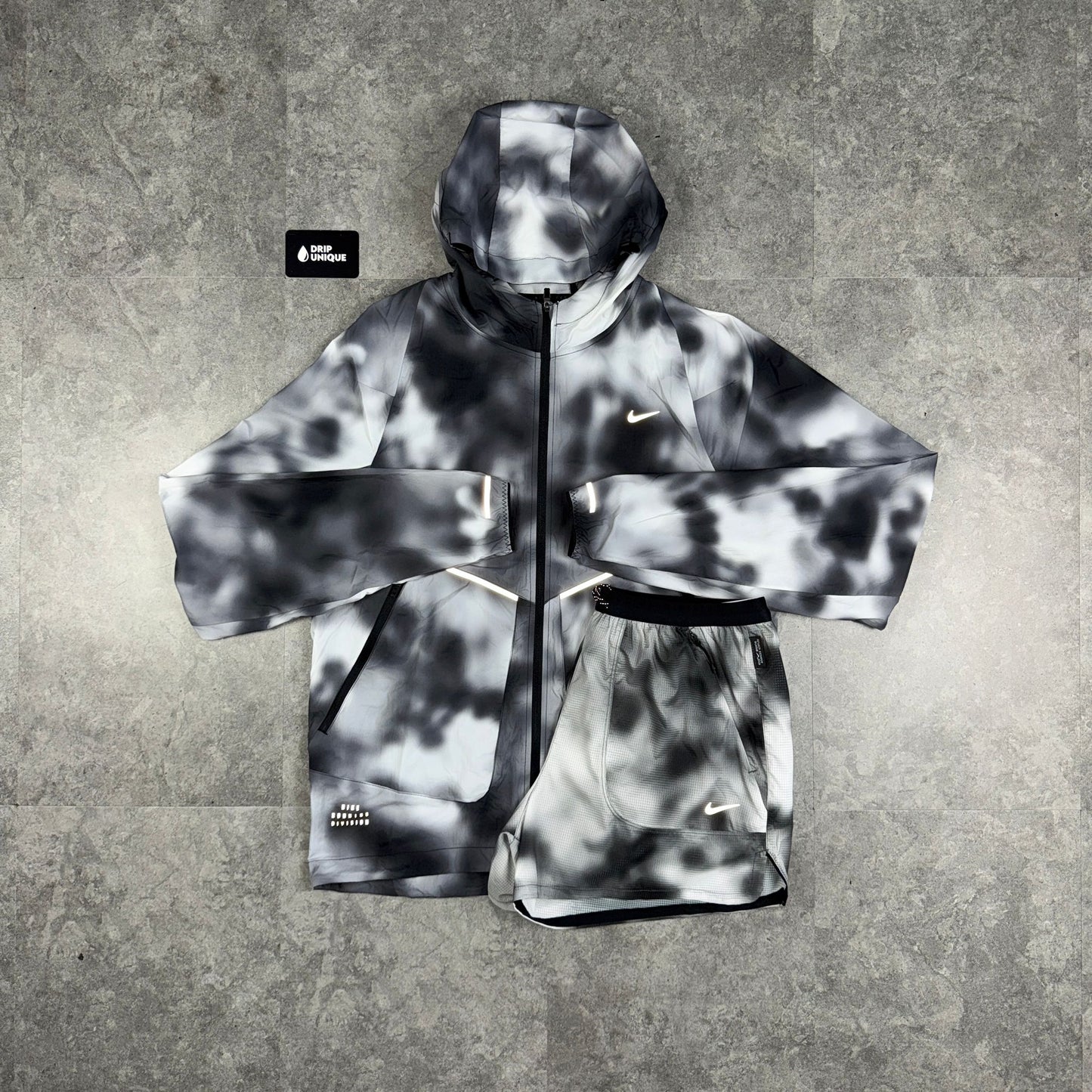 Nike Running Division Distorted Windrunner Jacket Black & Black Running Division Shorts Set