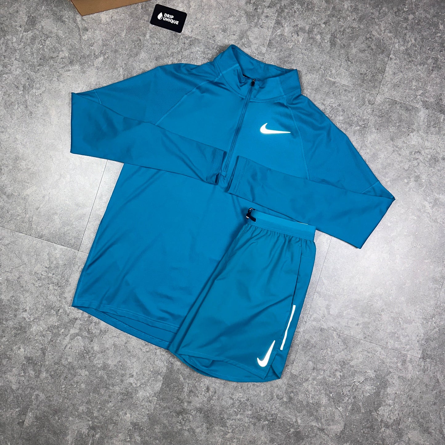 Nike Therma 1/4 Zip Top Aqua Blue & Aqua Blue Flex Stride Shorts Set