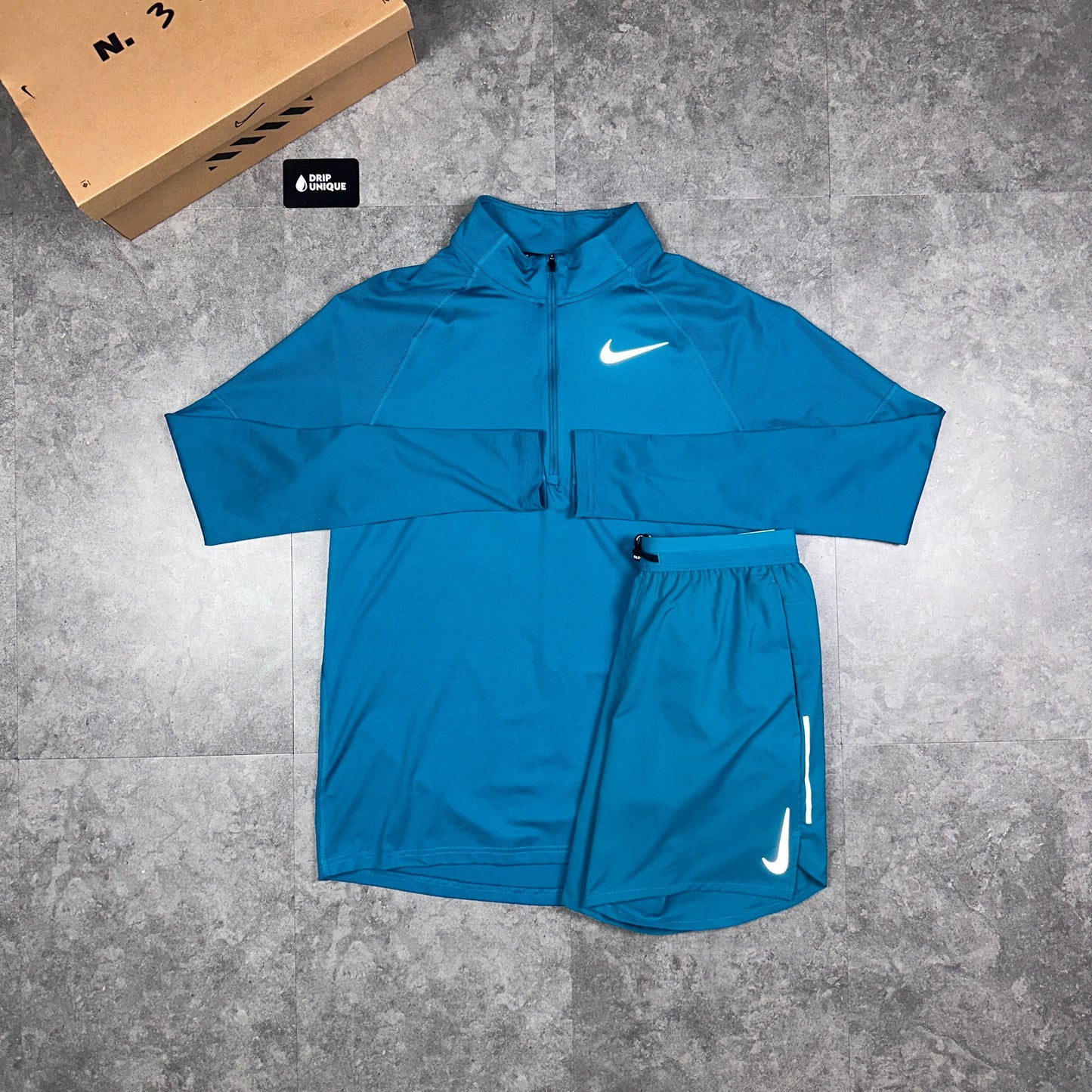Nike Therma 1/4 Zip Top Aqua Blue & Aqua Blue Flex Stride Shorts Set