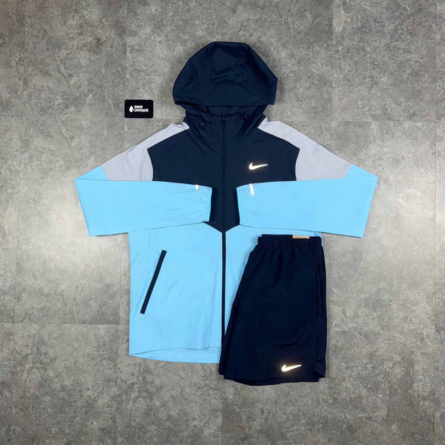 Nike UV Windrunner Jacket Aquarius Blue & Navy Blue Challenger Shorts Set
