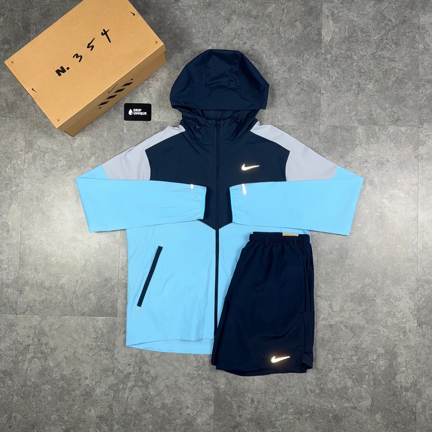 Nike UV Windrunner Jacket Aquarius Blue & Navy Blue Challenger Shorts Set