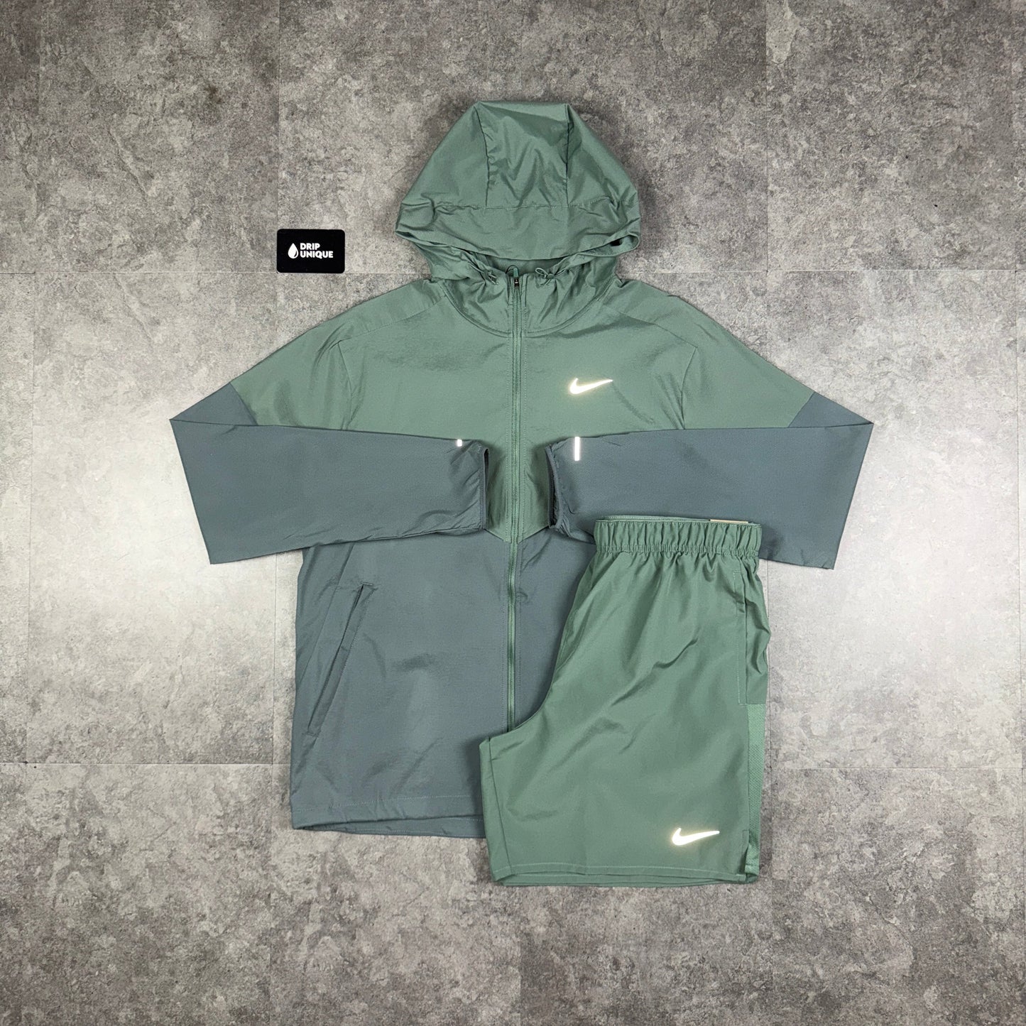 Nike UV Windrunner Jacket Clay Green & Green Challenger Shorts Set