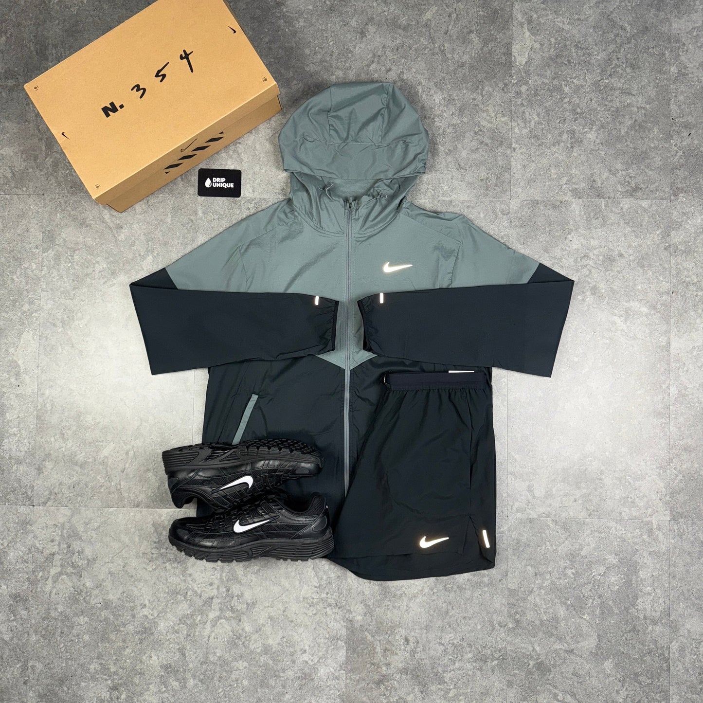 Nike UV Windrunner Jacket Grey / Black & Black Flex Stride Shorts Set