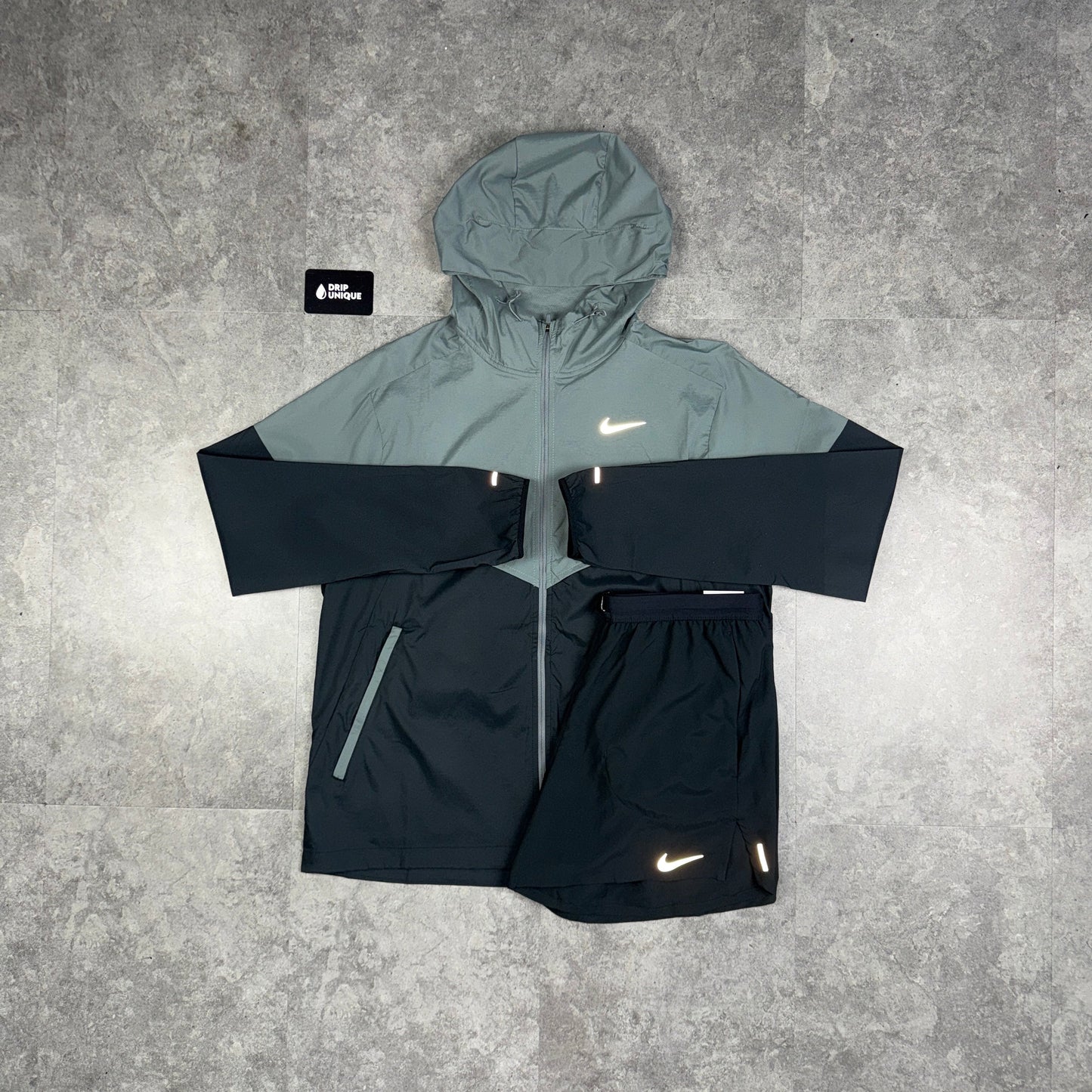Nike UV Windrunner Jacket Grey / Black & Black Flex Stride Shorts Set