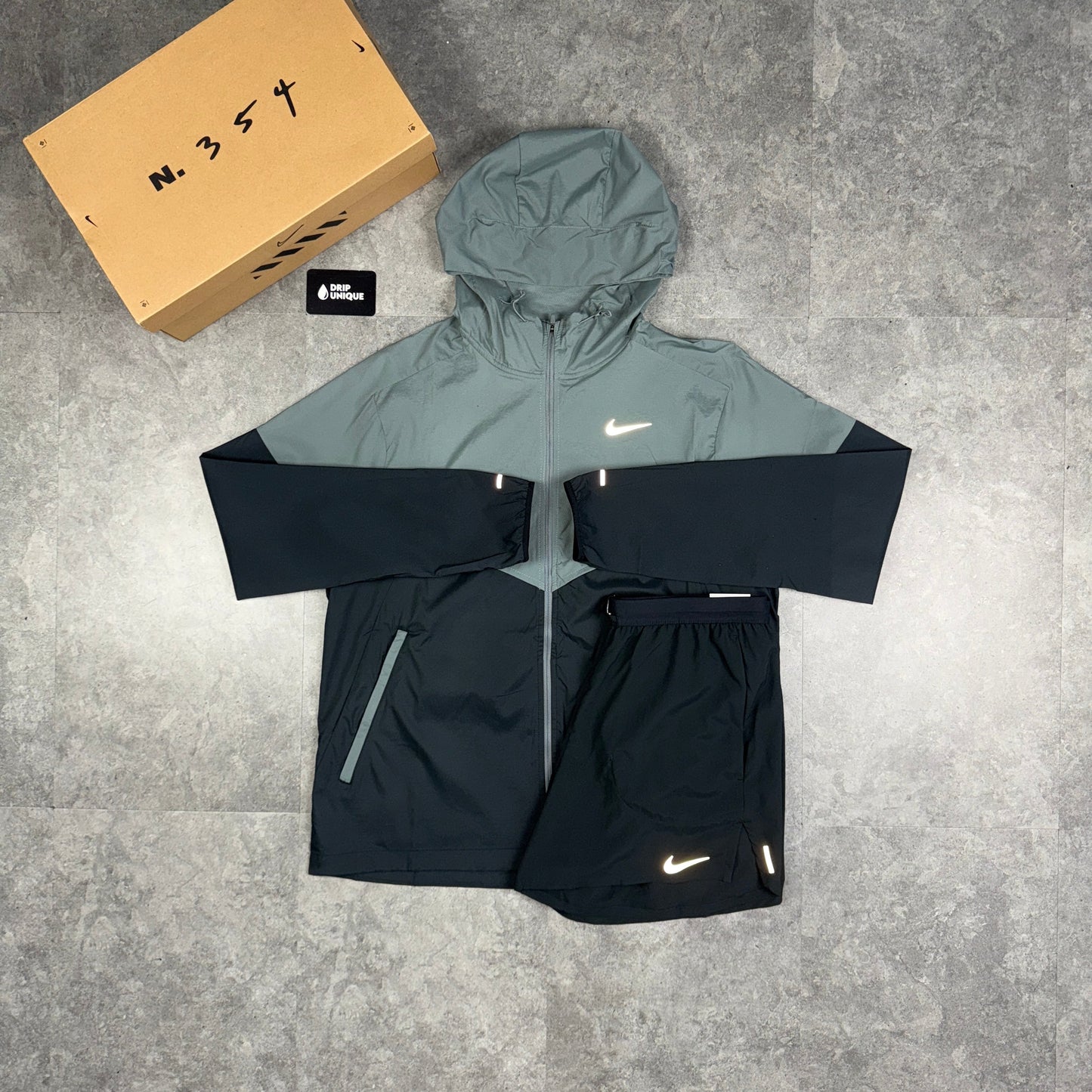 Nike UV Windrunner Jacket Grey / Black & Black Flex Stride Shorts Set