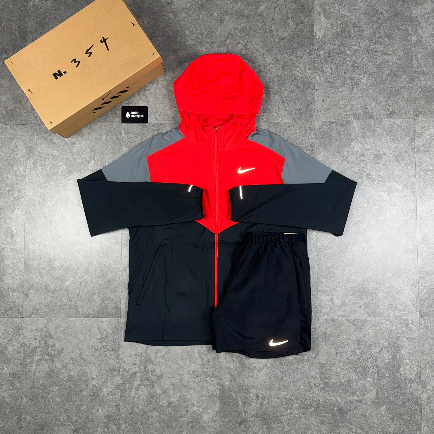 Nike UV Windrunner Jacket Light Crimson Red & Black Challenger Shorts Set