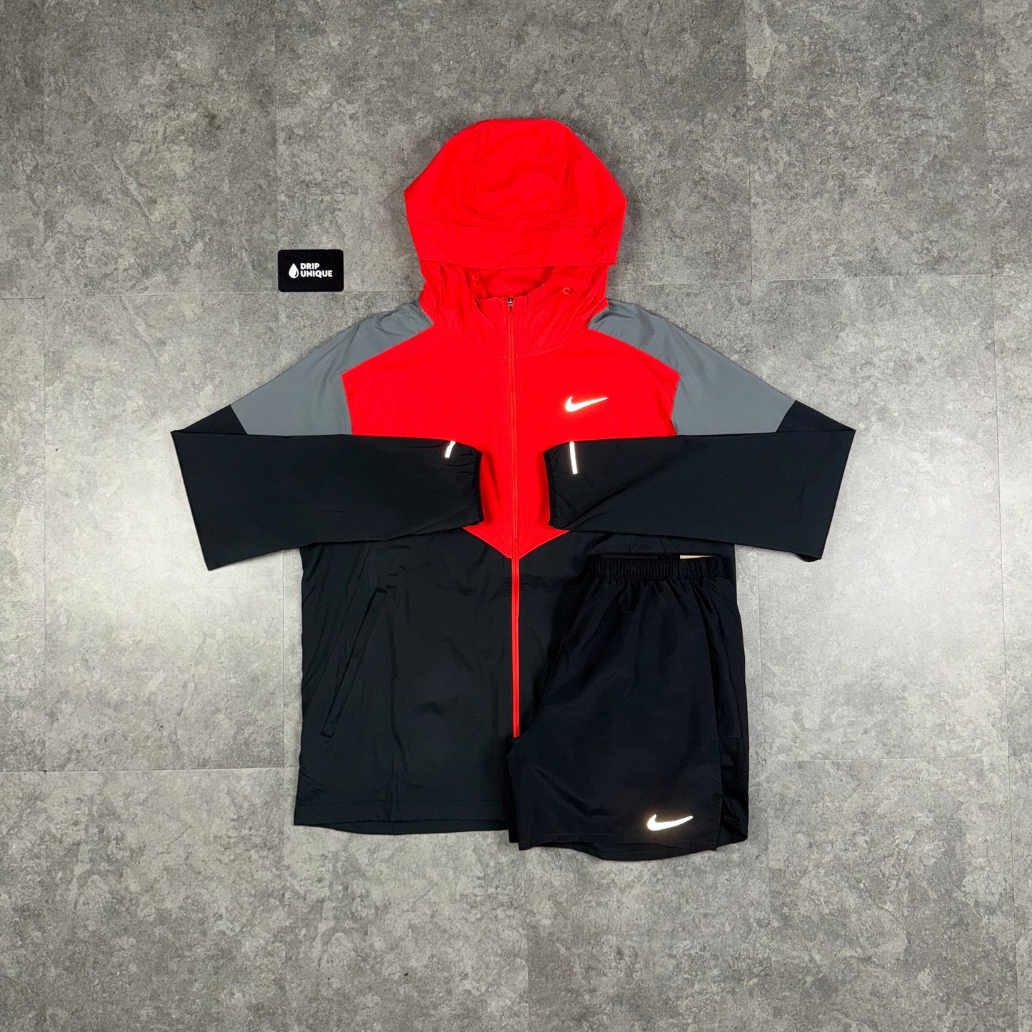Nike UV Windrunner Jacket Light Crimson Red & Black Challenger Shorts Set
