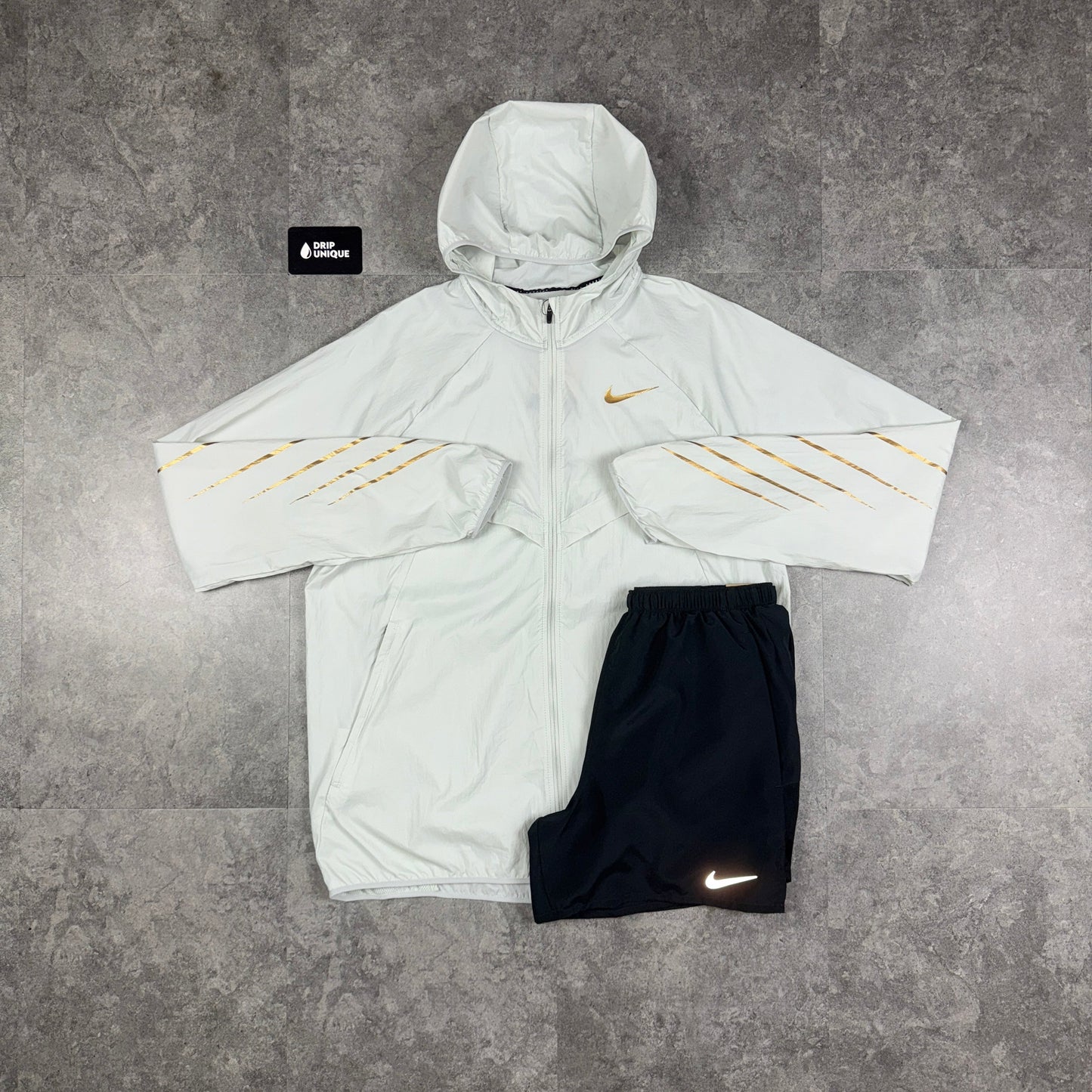 Nike UV Windrunner Jacket White & Gold & Black Challenger Shorts Set